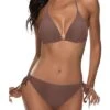 Halter Padded Top Tie Side Bottom Triangle Push Up Bikini-Light Brown