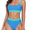 Women Adjustable Shoulder Strap Swimsuits Sporty Scoop Neck Bikini-Light Blue And Light Green