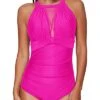 One Piece Mesh Ruched Monokini Swimsuit High Neck For Women-Neon Pink
