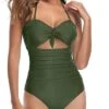 Sexy Tummy Control High Waisted Halter Front Tie Knot One Piece Cutout Swimsuits-Army Green