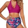 Halter Self-Tie Two Piece High Waisted Bikini Set-Pink Floral