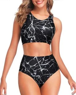 Sporty High Waisted Two Piece Bikini Swimsuits-Black Marble
