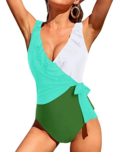 Long Torso High-Cut Swimsuits Sexy 1 Piece Swimsuits For Women-Green White - Image 3