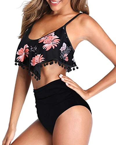 Comfortable Full Tummy Control High Waisted Bikini-Black Orange Floral - Image 2