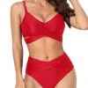 Tummy Control Twist Front Two Piece Bikini Swimsuits-Red