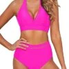 Stylish High Waisted Deep V Neck Two Piece Swimsuits For Summer-Neon Pink