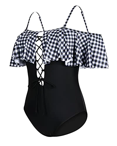 Flirty Lace-Up Off-Shoulder One Piece Swimsuit For Women-Black And White Checkered - Image 4