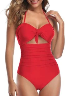 Removable Halter Straps Swimsuits Halter Backless One Piece Swimsuits-Red
