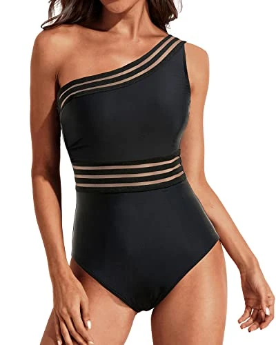 Mesh One Shoulder Tummy Control One Piece Swimsuits For Women Stylish Swimwear