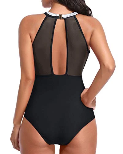 Alluring High Neck Mesh Women's Bathing Suit-Black And White Stripe - Image 2