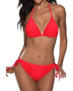 Push Up Enhancement Women Two Piece Halter Bikini-Neon Red