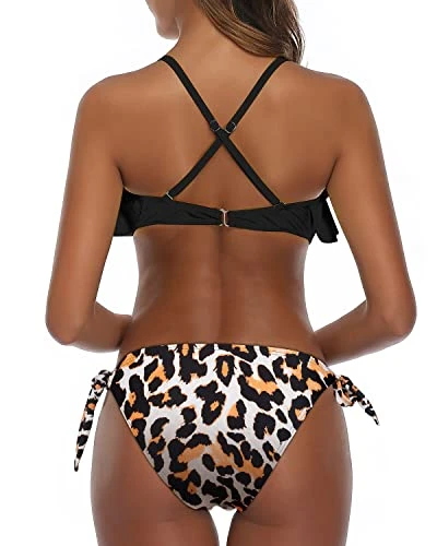 Adjustable Spaghetti Straps Women Cross Back Bathing Suit-Black And Leopard - Image 2