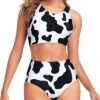 Sporty High Waisted Two Piece Swimsuit For Teen Girls-Cow Print