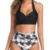 Flattering Pleated Front Panel Vintage High Waisted Bikini-Black Palm Tree