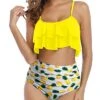 Trendy High Waisted Ruffle Ruched Women's Bikini Set-Yellow Pineapple