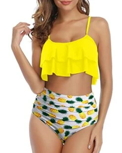 Trendy High Waisted Ruffle Ruched Women's Bikini Set-Yellow Pineapple