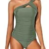 Sexy One Shoulder Swim Top Two Piece Tankini Bathing Suits For Women-Olive Green