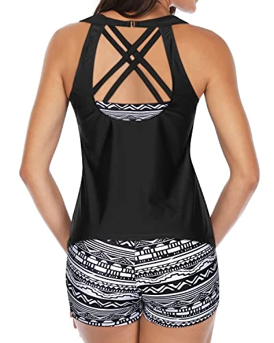 Sports Bra & Shorts Athletic 3 Piece Swimsuits-Black Tribal - Image 2
