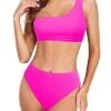High Cut Two Piece Bikini One Shoulder For Women-Neon Pink