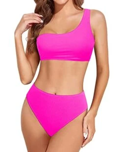 High Cut Two Piece Bikini One Shoulder For Women-Neon Pink