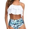 Flattering Two Piece Ruffle High Waisted Bikini-White Leaf