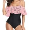 Strappy One Piece Swimsuit Push Up Bras Tummy Control Swimwear-Pink And Black