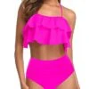 Two-Piece High Waisted Halter Bathing Suit-Neon Pink