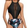 Women One Piece Mesh Swimsuit High Neck Halter Cutout Monokini Swimwear