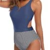 Modest Swimsuit Flattering Women One Piece Swimsuits-Blue White Stripe