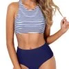 Tank Style High Neck Racerback Two Piece Bikini Set-Blue White Stripe