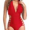 Stylish Hourglass Body Type One Piece Swimsuits Plunge V Neck Halter Bathing Suits-Red