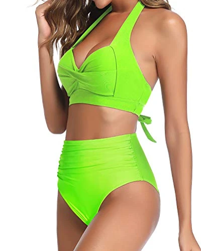 Two Piece Adjustable Self-Tie Halter Neck Women's Bikini Swimsuits-Neon Green - Image 4