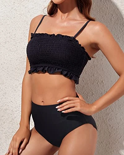 Ruffle Bandeau Bikini Set High Waisted Bottoms For Women-Black - Image 3