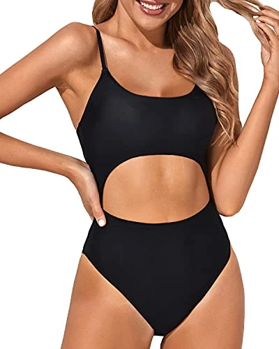 Cutout One Piece Swimsuit Lace Up High Cut Cutout Bathing Suits-Black - Image 4
