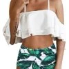 Fashionable Off Shoulder Tummy Control Bikini Set-White Leaf