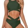 Slim Fit High Neck Bandage Two Piece Bathing Suits-Army Green
