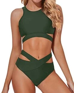 Slim Fit High Neck Bandage Two Piece Bathing Suits-Army Green