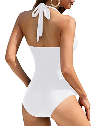 Self-Tie Halter Neck Slimming One Piece Swimsuits-White - Image 4