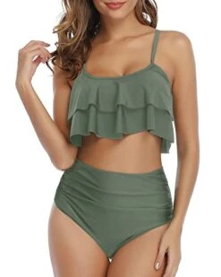Feminine And Gorgeous Two Piece Ruffle Bikini-Army Green