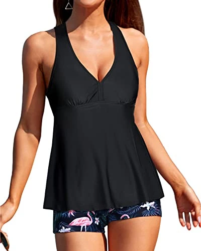 Padded Push Up Two Piece Boyshort And Shorts For V Neck Swimsuit-Black Flamingo - Image 3