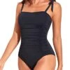 Women Tummy Control One Piece Swimsuits Halter Vintage Swimwear-Black
