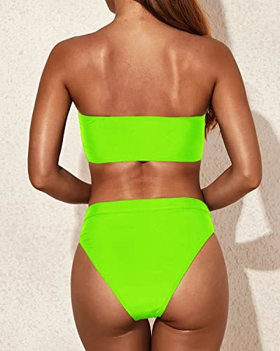 Visual Longer Legs Bikini Set Women Two Piece Bandeau Swimsuit-Neon Green - Image 2