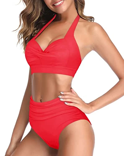 High Waisted Figure-Flattering Halter Push Up Bikini-Neon Red - Image 3