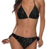 Women's Sexy V Neck Low Back Low Waisted Tie Side Bikini-Black White Dot