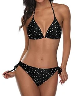 Women's Sexy V Neck Low Back Low Waisted Tie Side Bikini-Black White Dot