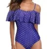 Retro Tummy Control One Piece Swimsuit Off Shoulder Women's Bathing Suit-Navy Blue Polka Dot