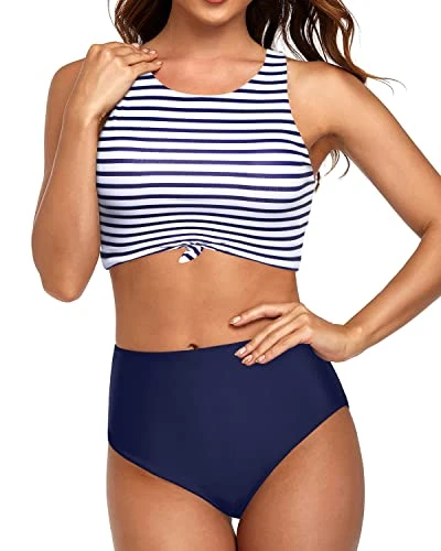Tie Knot Front Bikini Set Sporty Two Piece Swimsuits-Blue White Stripe - Image 2