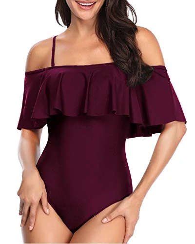 Women's One Piece Off Shoulder Ruffle Swimsuit-Maroon - Image 2