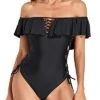 Women's Off Shoulder Ruffled Flounce One Piece Swimsuit-Black
