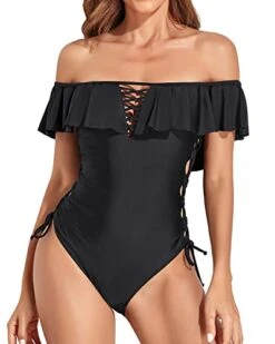 Women's Off Shoulder Ruffled Flounce One Piece Swimsuit-Black
